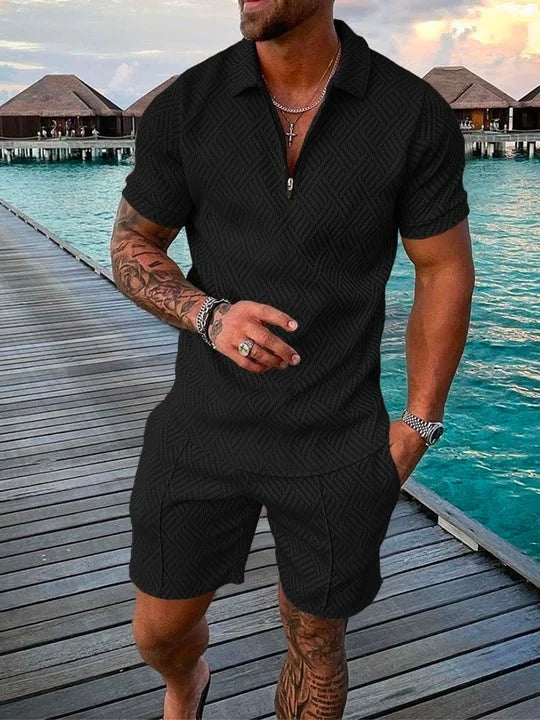 LEON | POLO SHIRT & SHORTS SET IN MIDNIGHT BLACK
