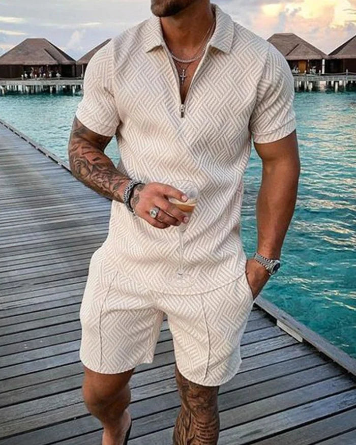 LUKAS | CREAM POLO SHIRT & SHORTS SET WITH NOTCHED COLLAR