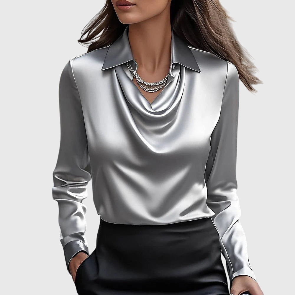 Elizabeth – Satin Pleated-Neck Blouse