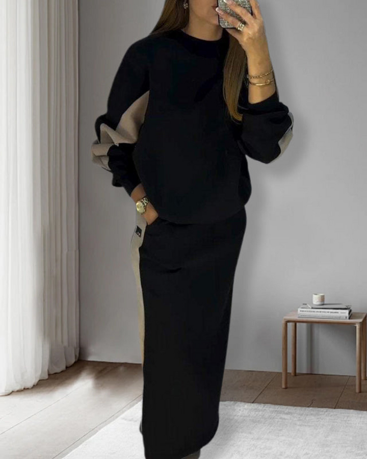 VERINA - Colour Block Long Sleeve Top & Slit Skirt Set