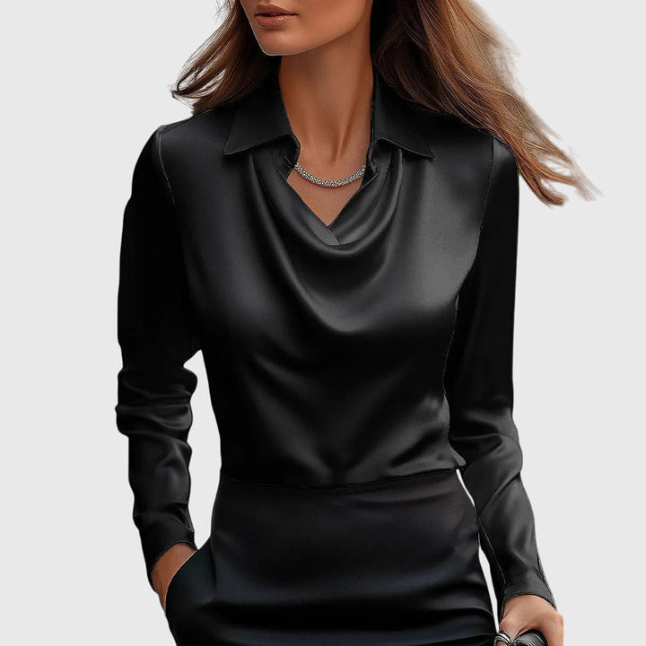 Elizabeth – Satin Pleated-Neck Blouse