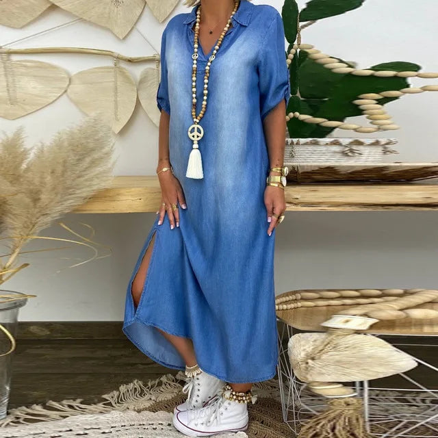 Claudia – Maxi Denim-Look Dress with Side Slit