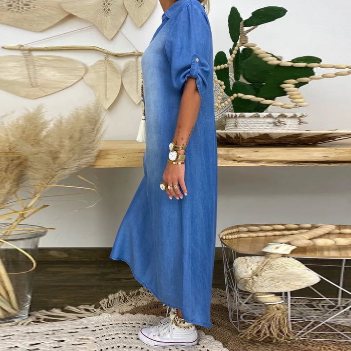 Claudia – Maxi Denim-Look Dress with Side Slit