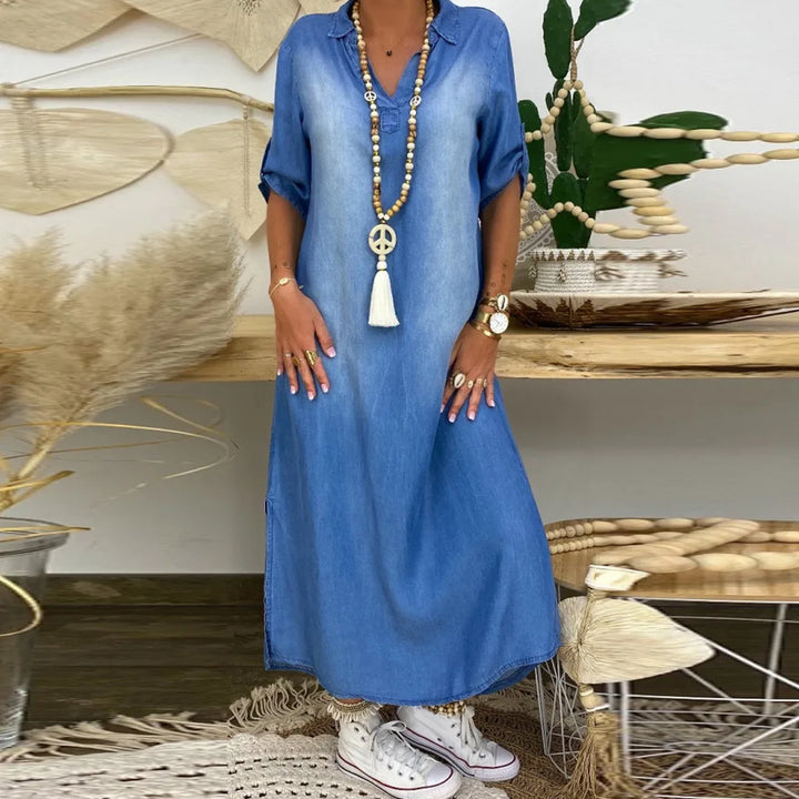 Claudia – Maxi Denim-Look Dress with Side Slit