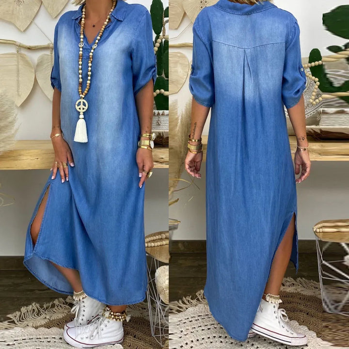 Claudia – Maxi Denim-Look Dress with Side Slit