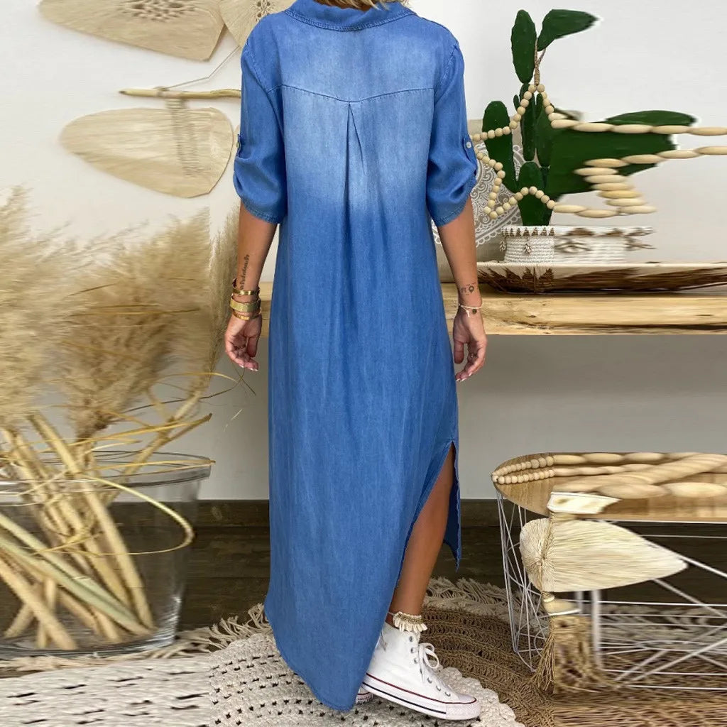 Claudia – Maxi Denim-Look Dress with Side Slit