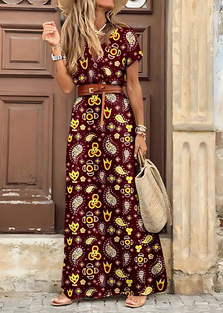 Kazzi – Bohemian Maxi Dress with Pleated Waist