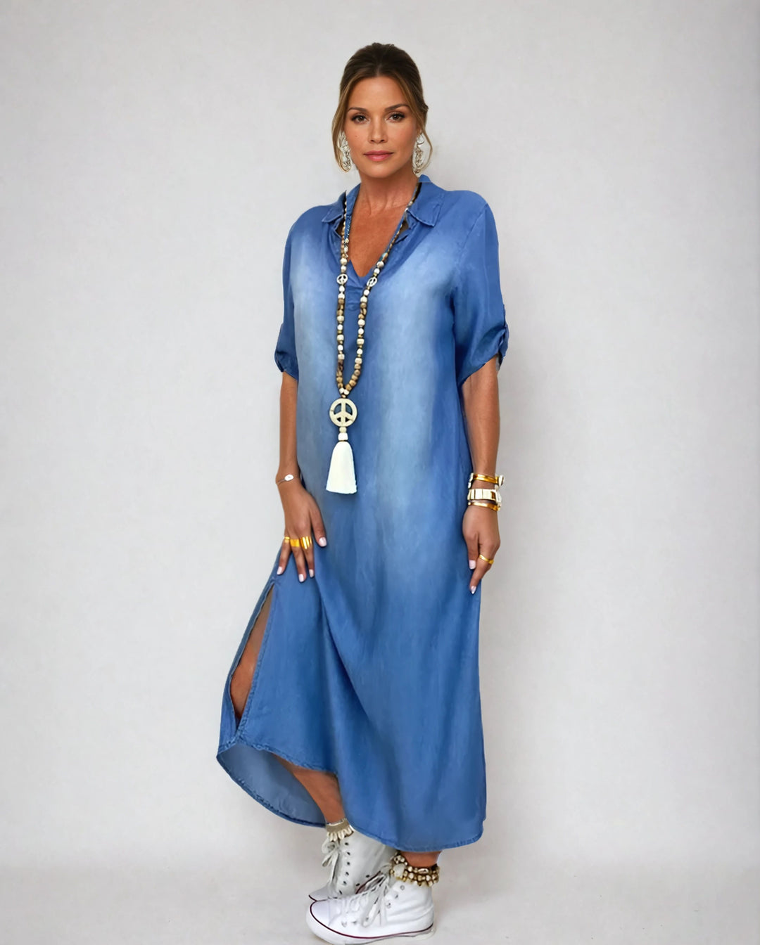 Claudia – Maxi Denim-Look Dress with Side Slit