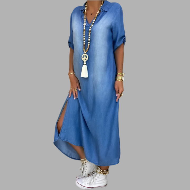 Claudia – Maxi Denim-Look Dress with Side Slit