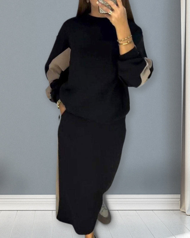 VERINA - Colour Block Long Sleeve Top & Slit Skirt Set