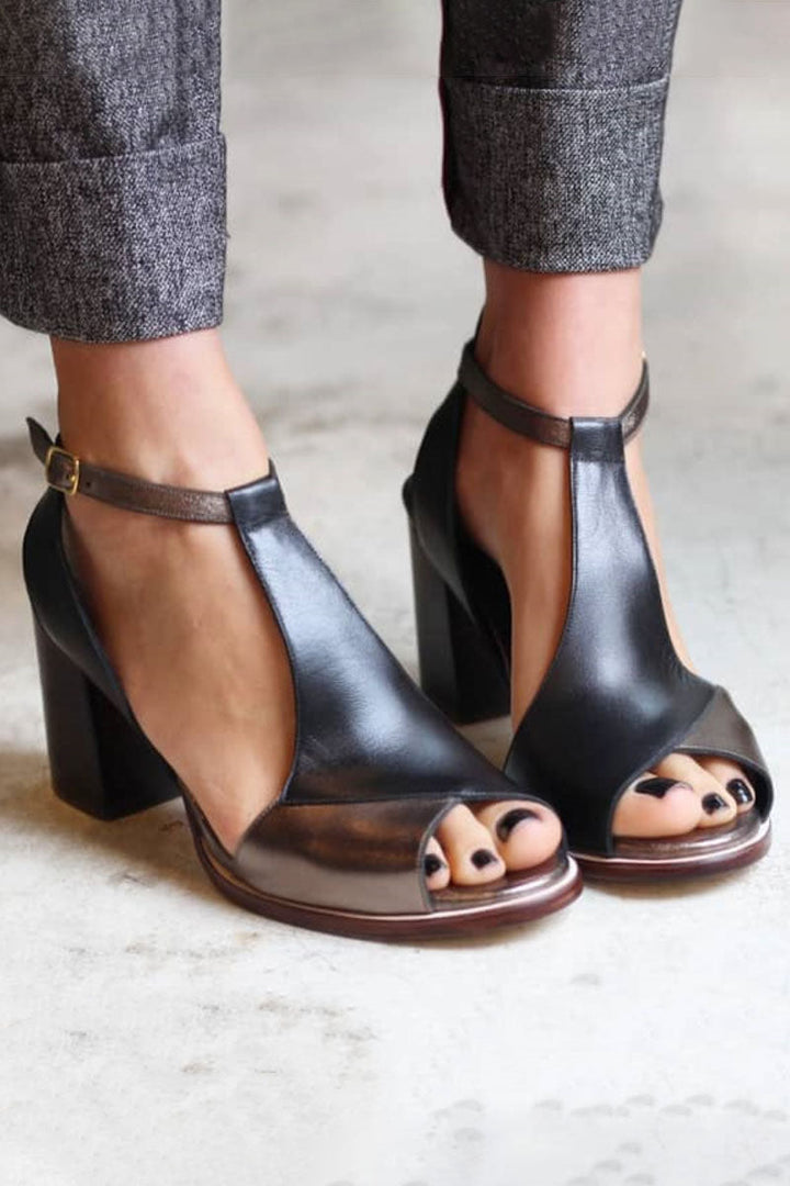 Anyao™ Elegant High Heels with Open Toe in Black Patchwork – Perfect for Any Occasion
