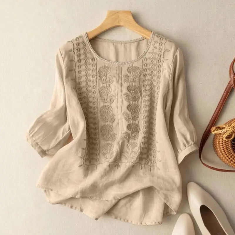 Anna – Embroidered Relaxed Blouse (Cotton & Linen)