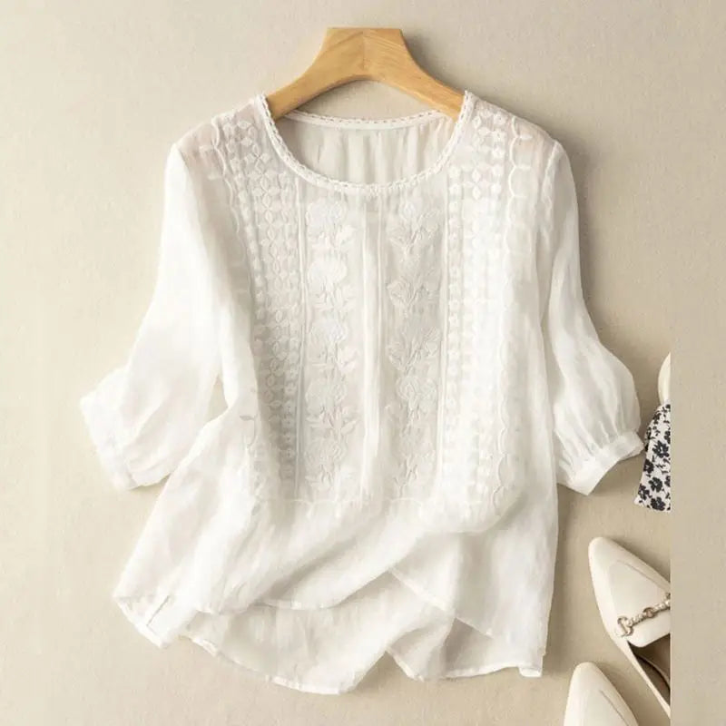 Anna – Embroidered Relaxed Blouse (Cotton & Linen)