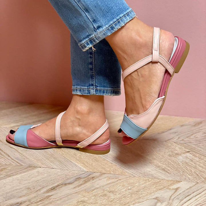 Ellela™ | Elegant pink asymmetric sandals with colour block details
