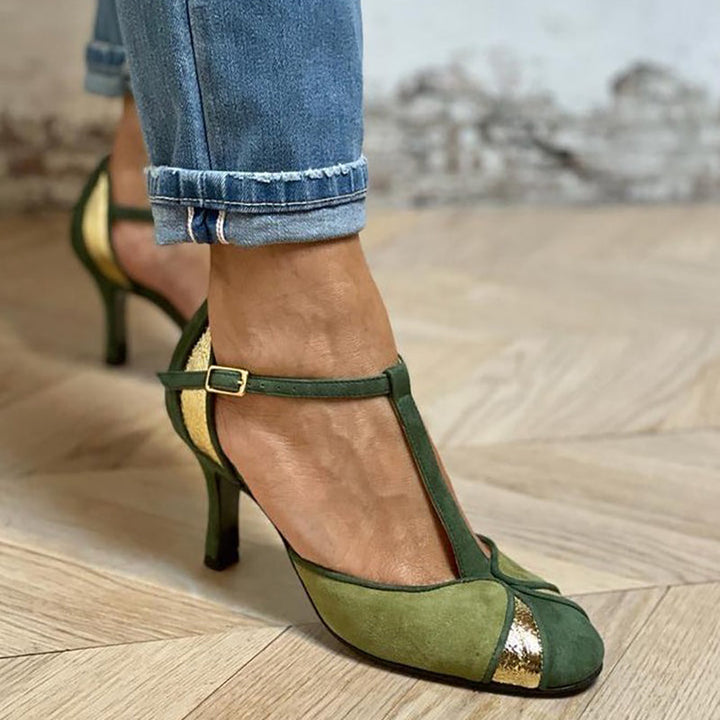 Alona™ | Elegant patchwork court shoes with T-bar and closed toe for a sophisticated style