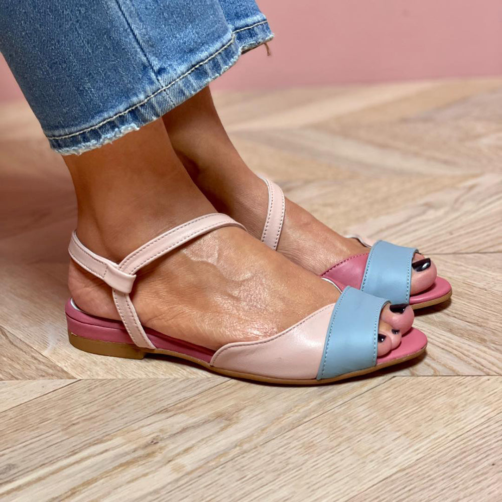 Ellela™ | Elegant pink asymmetric sandals with colour block details