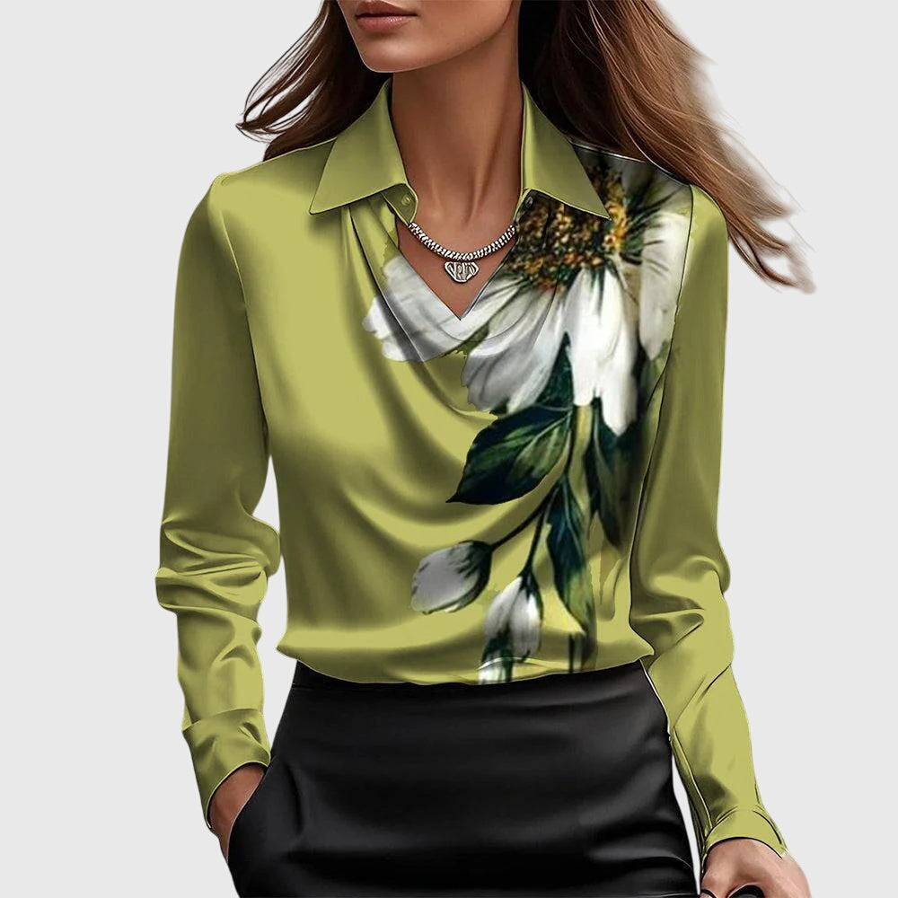 Elizabeth – Satin Pleated-Neck Blouse
